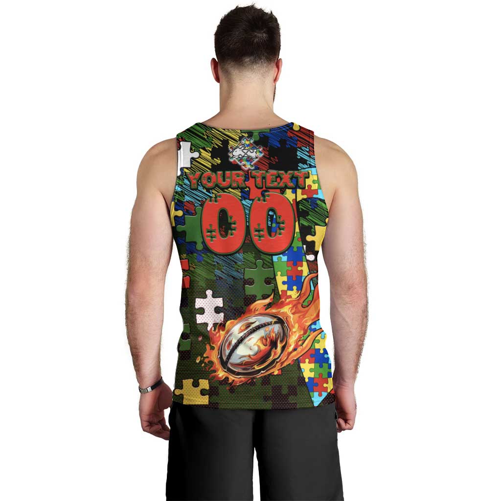 Rabbitohs Autism Awareness Men Tank Top Puzzle Flames Rugby Ball