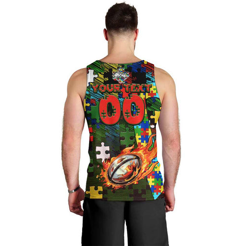 Rabbitohs Autism Awareness Men Tank Top Puzzle Flames Rugby Ball