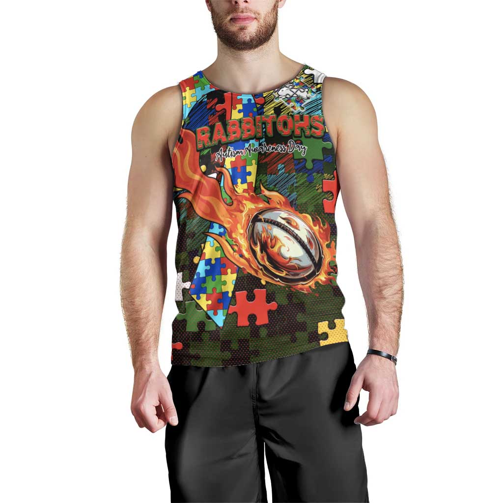 Rabbitohs Autism Awareness Men Tank Top Puzzle Flames Rugby Ball