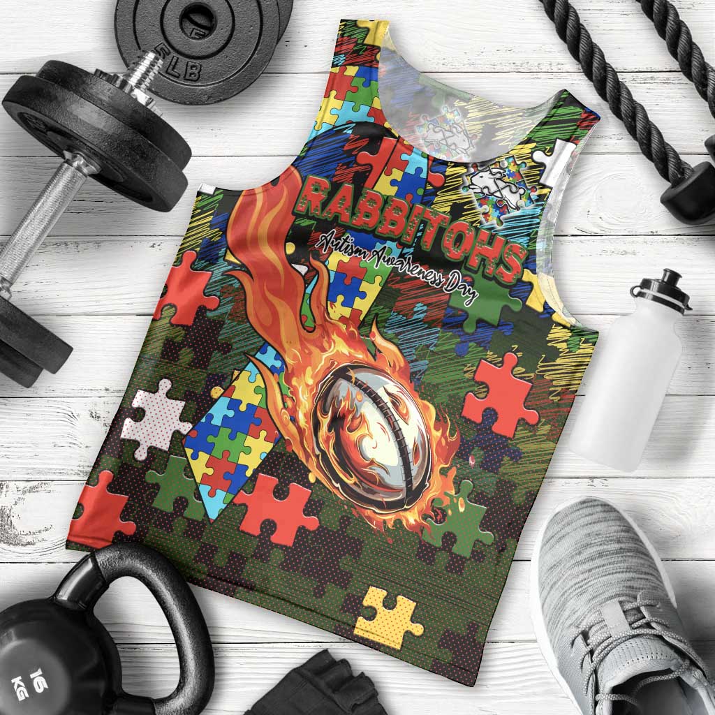 Rabbitohs Autism Awareness Men Tank Top Puzzle Flames Rugby Ball