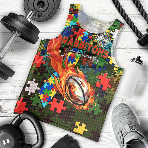 Rabbitohs Autism Awareness Men Tank Top Puzzle Flames Rugby Ball