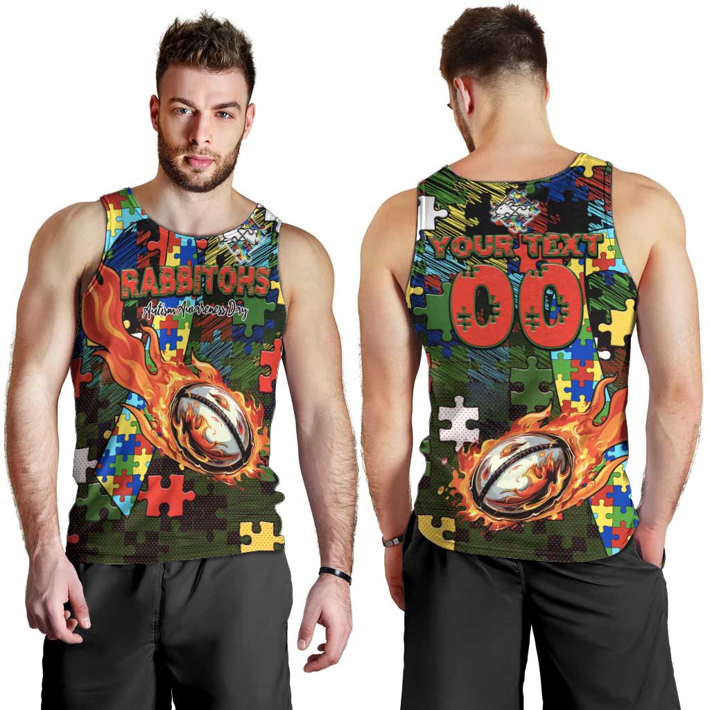 Rabbitohs Autism Awareness Men Tank Top Puzzle Flames Rugby Ball