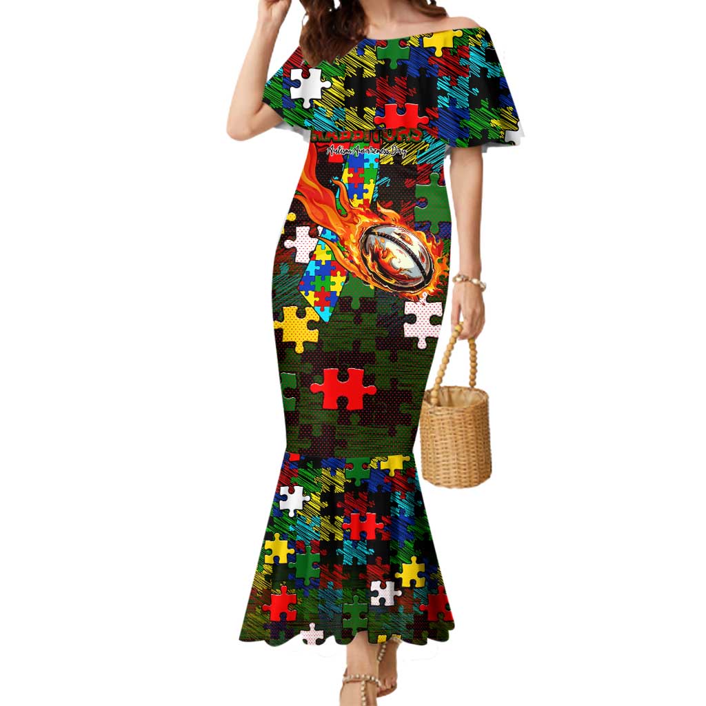 Rabbitohs Autism Awareness Mermaid Dress Puzzle Flames Rugby Ball