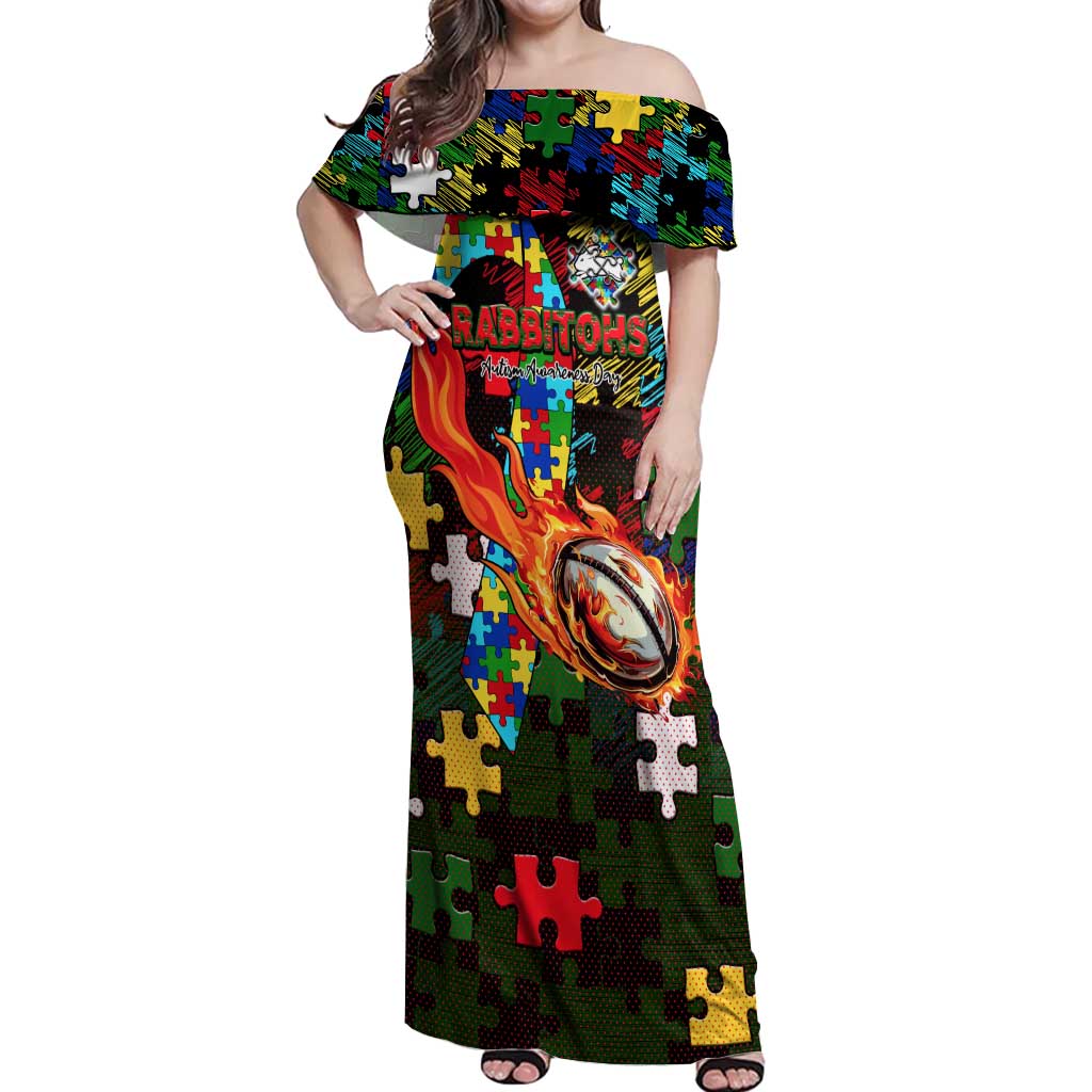 Rabbitohs Autism Awareness Off Shoulder Maxi Dress Puzzle Flames Rugby Ball