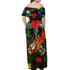 Rabbitohs Autism Awareness Off Shoulder Maxi Dress Puzzle Flames Rugby Ball