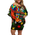Rabbitohs Autism Awareness Off Shoulder Short Dress Puzzle Flames Rugby Ball