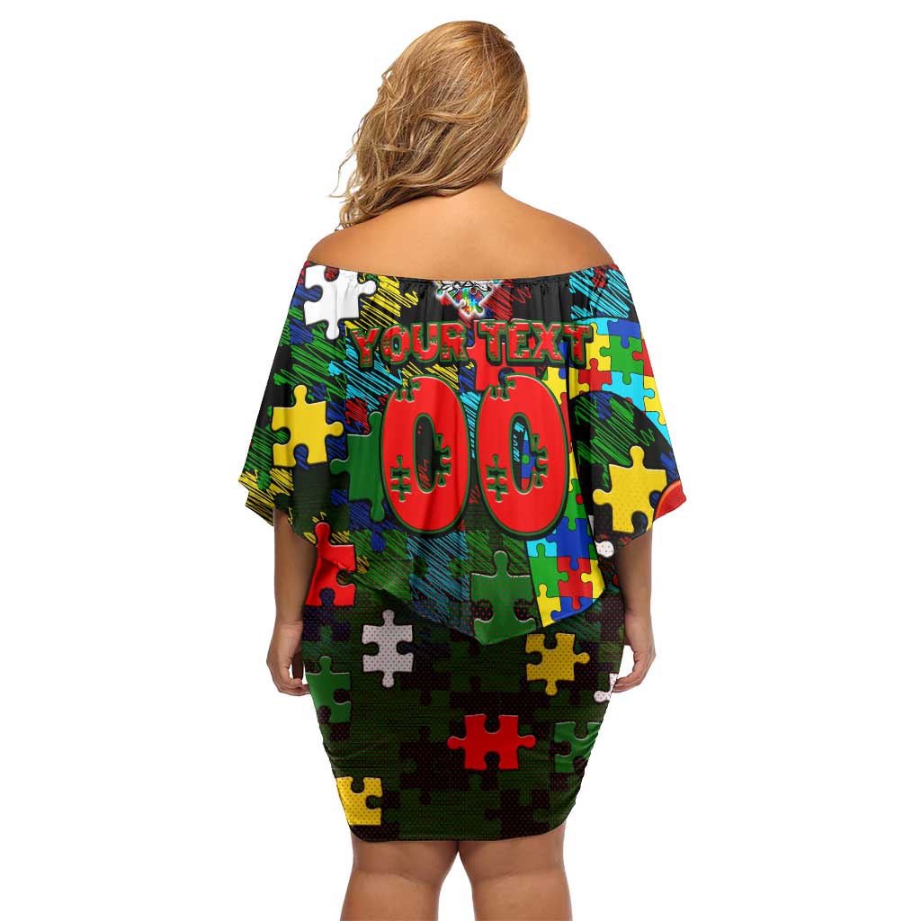 Rabbitohs Autism Awareness Off Shoulder Short Dress Puzzle Flames Rugby Ball