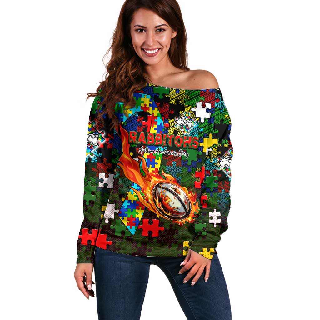 Rabbitohs Autism Awareness Off Shoulder Sweater Puzzle Flames Rugby Ball