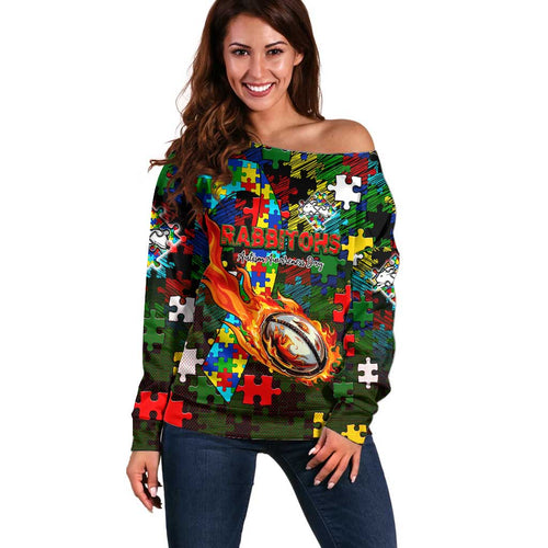 Rabbitohs Autism Awareness Off Shoulder Sweater Puzzle Flames Rugby Ball