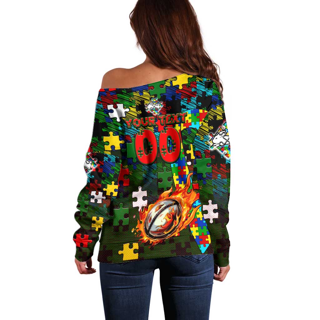 Rabbitohs Autism Awareness Off Shoulder Sweater Puzzle Flames Rugby Ball