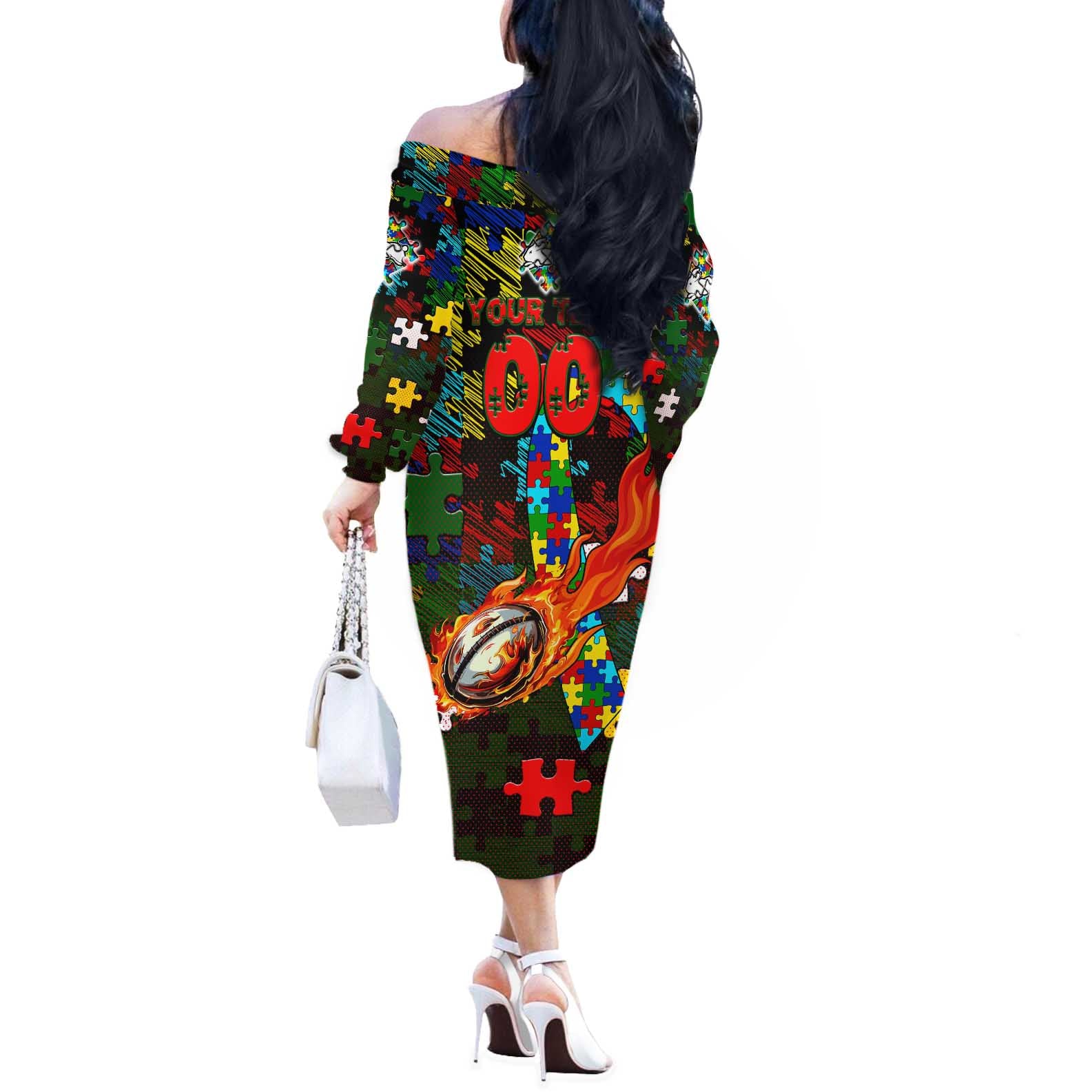 Rabbitohs Autism Awareness Off The Shoulder Long Sleeve Dress Puzzle Flames Rugby Ball