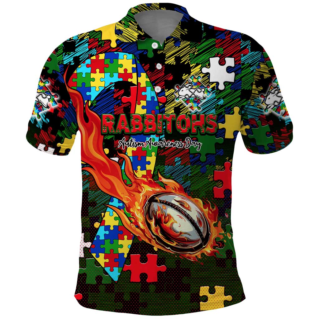 Rabbitohs Autism Awareness Polo Shirt Puzzle Flames Rugby Ball