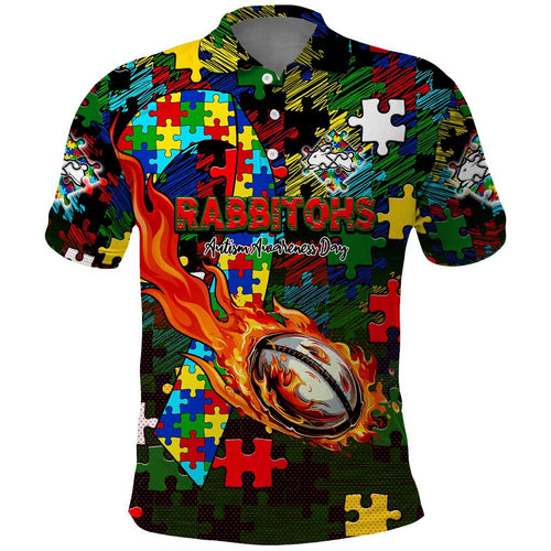 Rabbitohs Autism Awareness Polo Shirt Puzzle Flames Rugby Ball