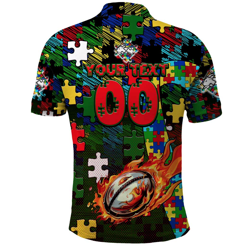 Rabbitohs Autism Awareness Polo Shirt Puzzle Flames Rugby Ball