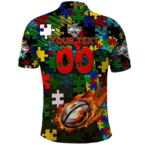 Rabbitohs Autism Awareness Polo Shirt Puzzle Flames Rugby Ball