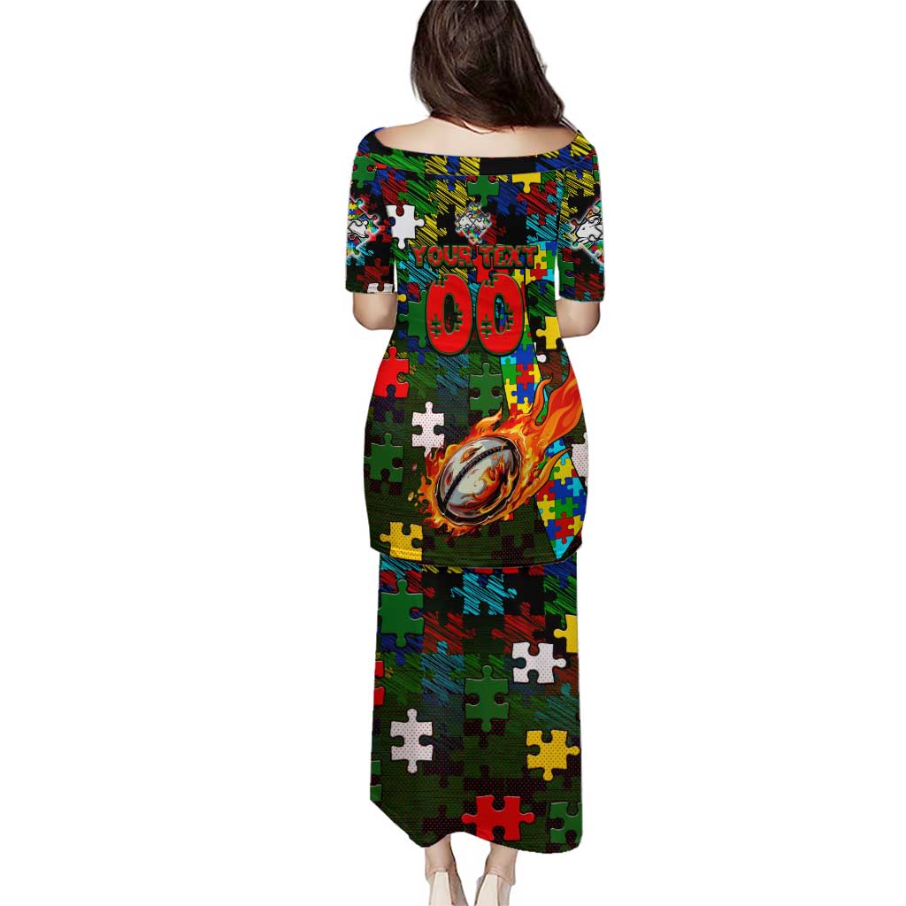 Rabbitohs Autism Awareness Puletasi Puzzle Flames Rugby Ball