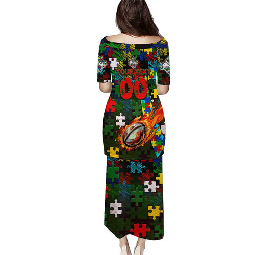 Rabbitohs Autism Awareness Puletasi Puzzle Flames Rugby Ball