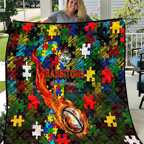 Rabbitohs Autism Awareness Quilt Puzzle Flames Rugby Ball