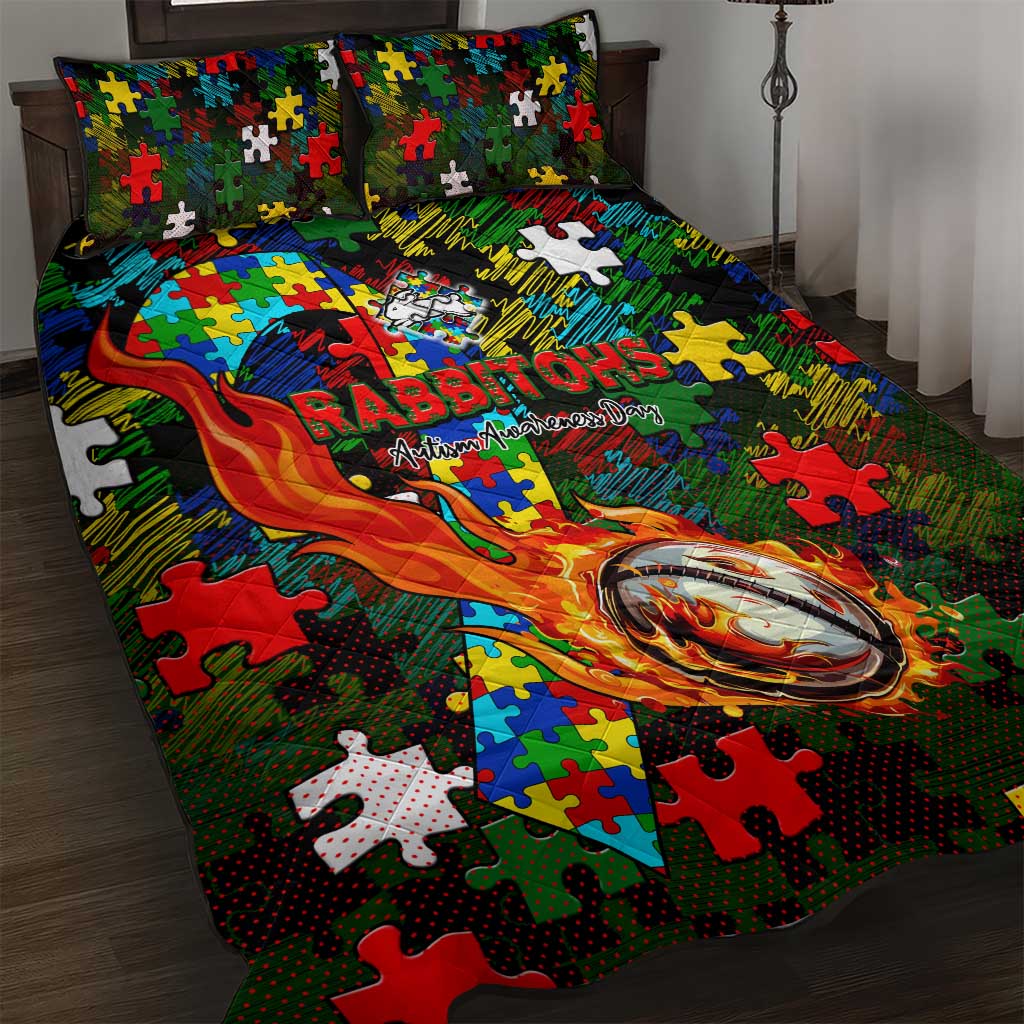 Rabbitohs Autism Awareness Quilt Bed Set Puzzle Flames Rugby Ball