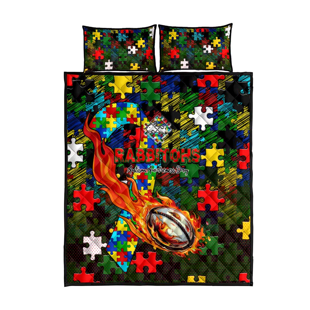 Rabbitohs Autism Awareness Quilt Bed Set Puzzle Flames Rugby Ball