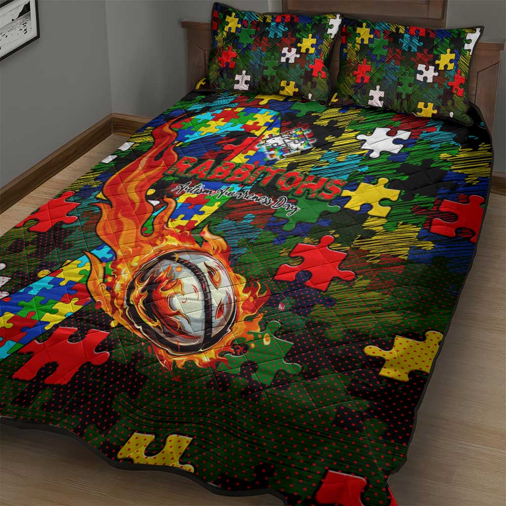 Rabbitohs Autism Awareness Quilt Bed Set Puzzle Flames Rugby Ball