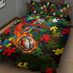 Rabbitohs Autism Awareness Quilt Bed Set Puzzle Flames Rugby Ball