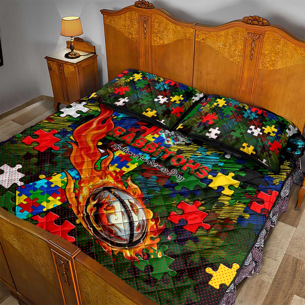 Rabbitohs Autism Awareness Quilt Bed Set Puzzle Flames Rugby Ball