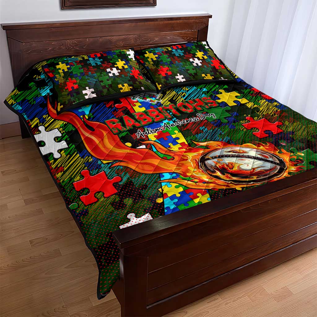 Rabbitohs Autism Awareness Quilt Bed Set Puzzle Flames Rugby Ball