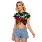 Rabbitohs Autism Awareness Raglan Cropped T Shirt Puzzle Flames Rugby Ball