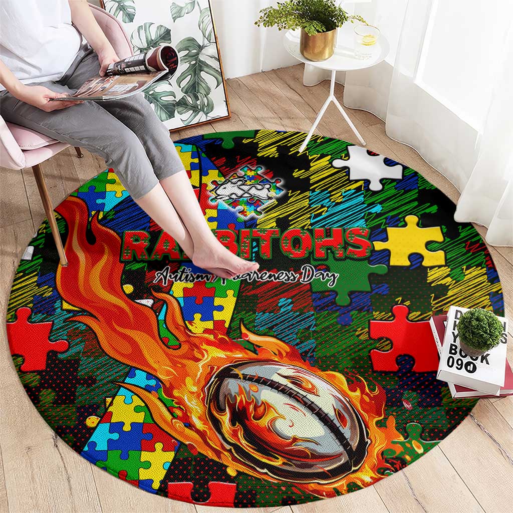 Rabbitohs Autism Awareness Round Carpet Puzzle Flames Rugby Ball