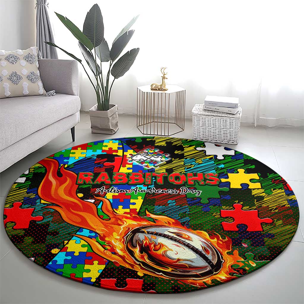 Rabbitohs Autism Awareness Round Carpet Puzzle Flames Rugby Ball