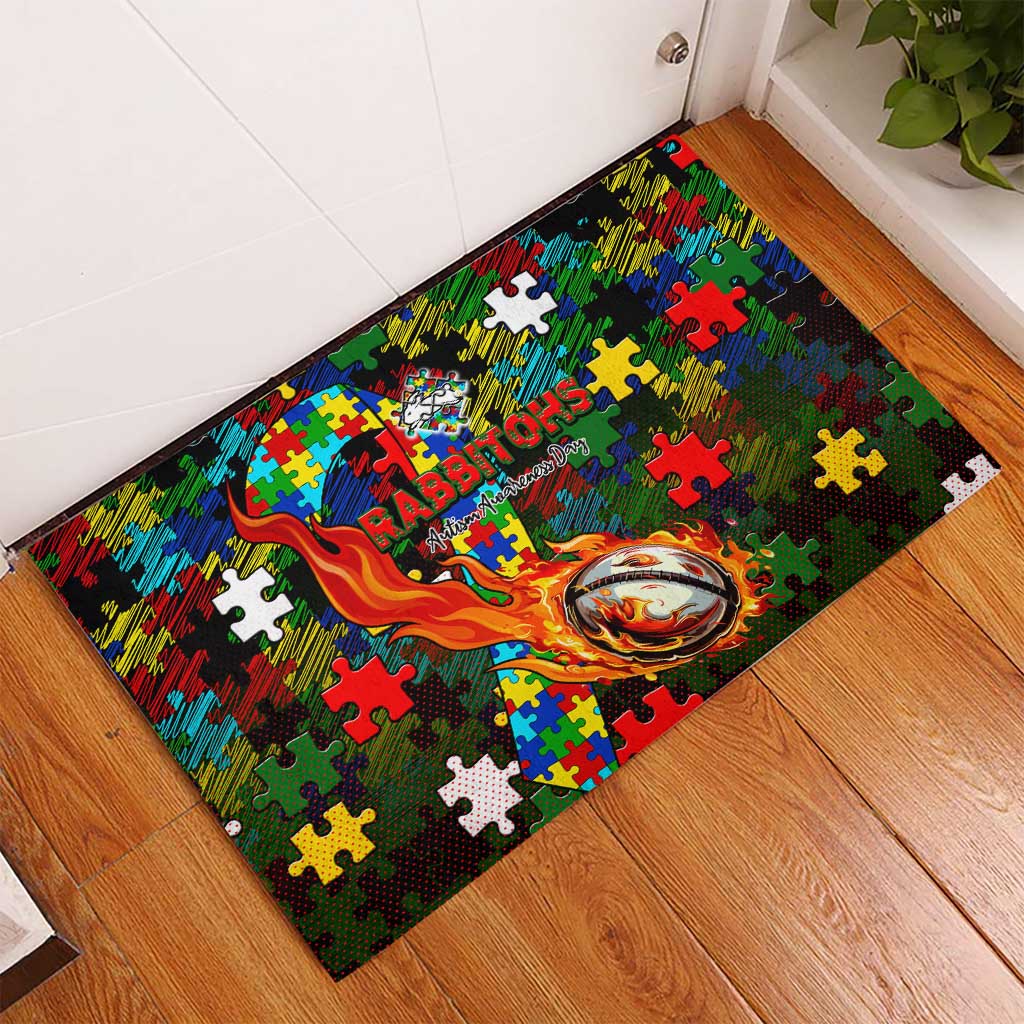 Rabbitohs Autism Awareness Rubber Doormat Puzzle Flames Rugby Ball
