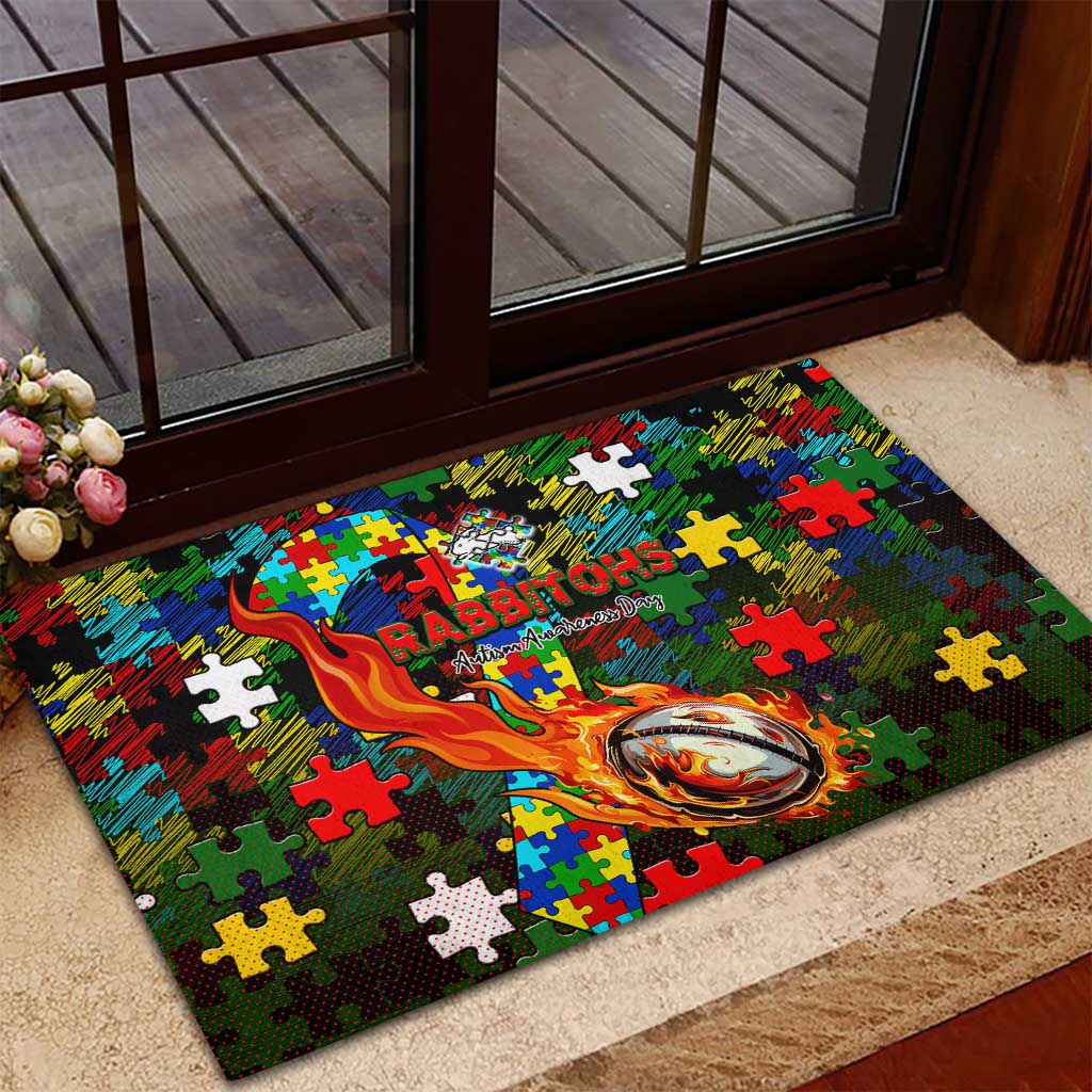 Rabbitohs Autism Awareness Rubber Doormat Puzzle Flames Rugby Ball