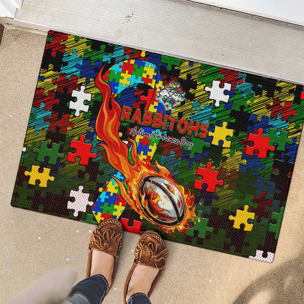 Rabbitohs Autism Awareness Rubber Doormat Puzzle Flames Rugby Ball