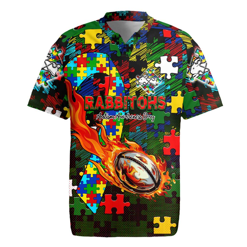 Rabbitohs Autism Awareness Rugby Jersey Puzzle Flames Rugby Ball
