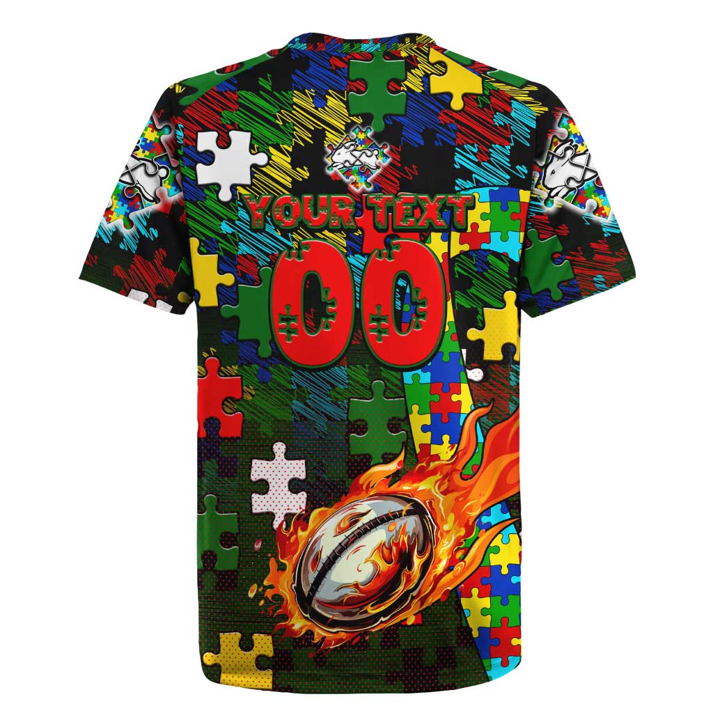 Rabbitohs Autism Awareness Rugby Jersey Puzzle Flames Rugby Ball