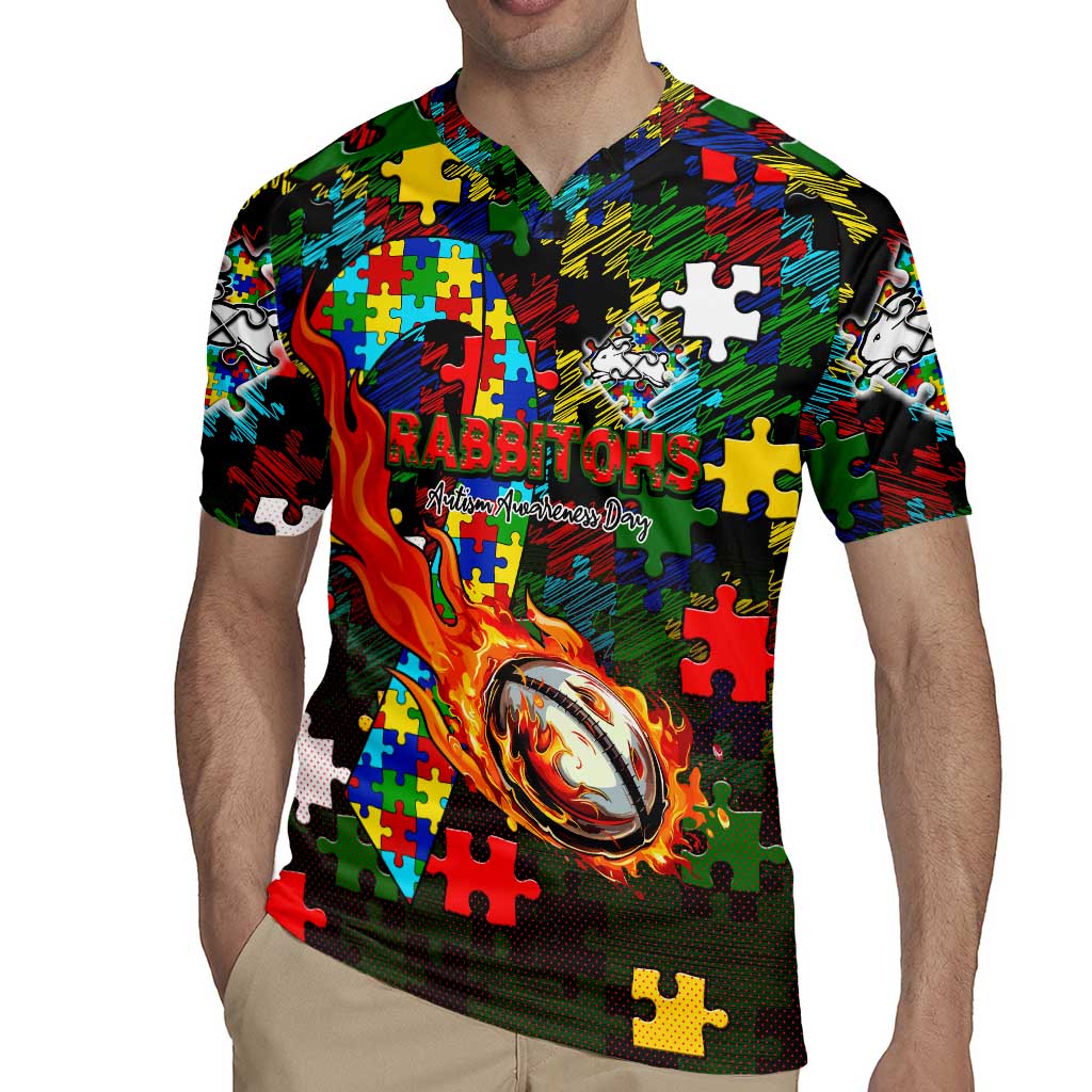 Rabbitohs Autism Awareness Rugby Jersey Puzzle Flames Rugby Ball