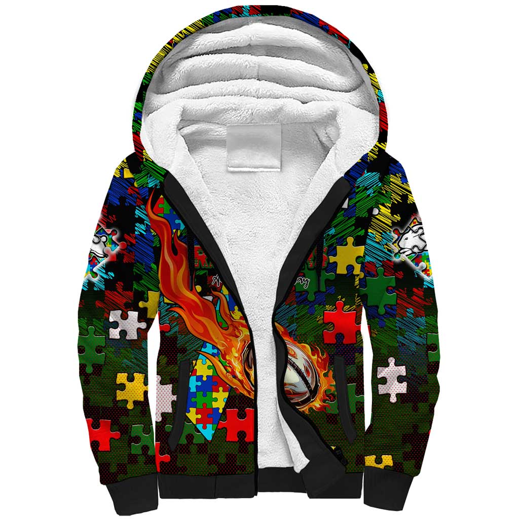 Rabbitohs Autism Awareness Sherpa Hoodie Puzzle Flames Rugby Ball