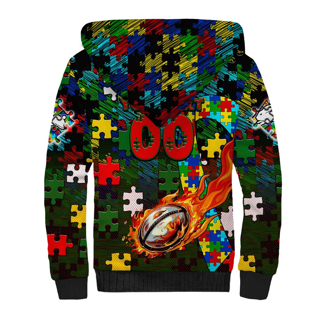 Rabbitohs Autism Awareness Sherpa Hoodie Puzzle Flames Rugby Ball