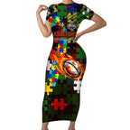 Rabbitohs Autism Awareness Short Sleeve Bodycon Dress Puzzle Flames Rugby Ball