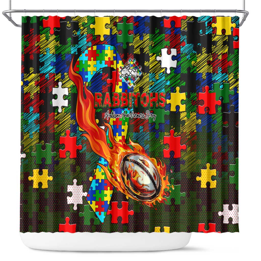 Rabbitohs Autism Awareness Shower Curtain Puzzle Flames Rugby Ball