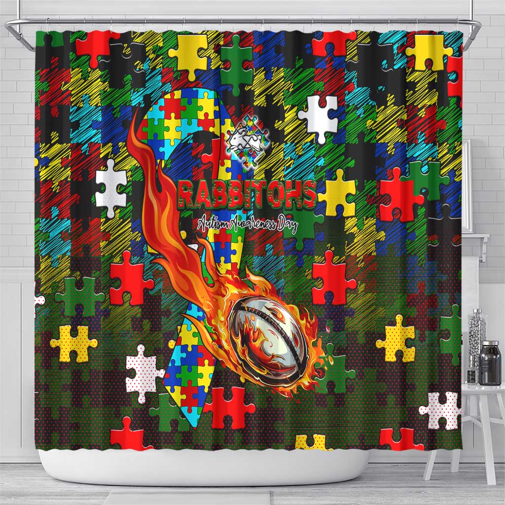 Rabbitohs Autism Awareness Shower Curtain Puzzle Flames Rugby Ball