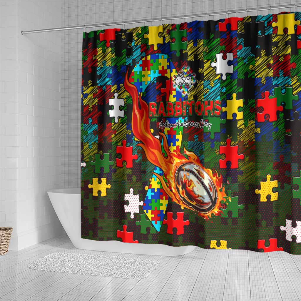 Rabbitohs Autism Awareness Shower Curtain Puzzle Flames Rugby Ball