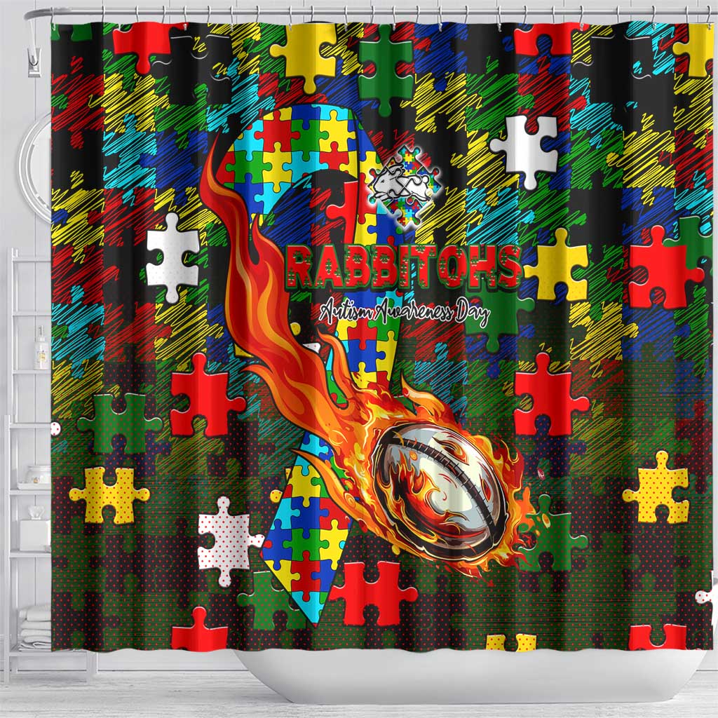 Rabbitohs Autism Awareness Shower Curtain Puzzle Flames Rugby Ball