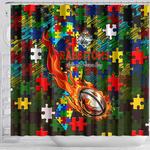 Rabbitohs Autism Awareness Shower Curtain Puzzle Flames Rugby Ball