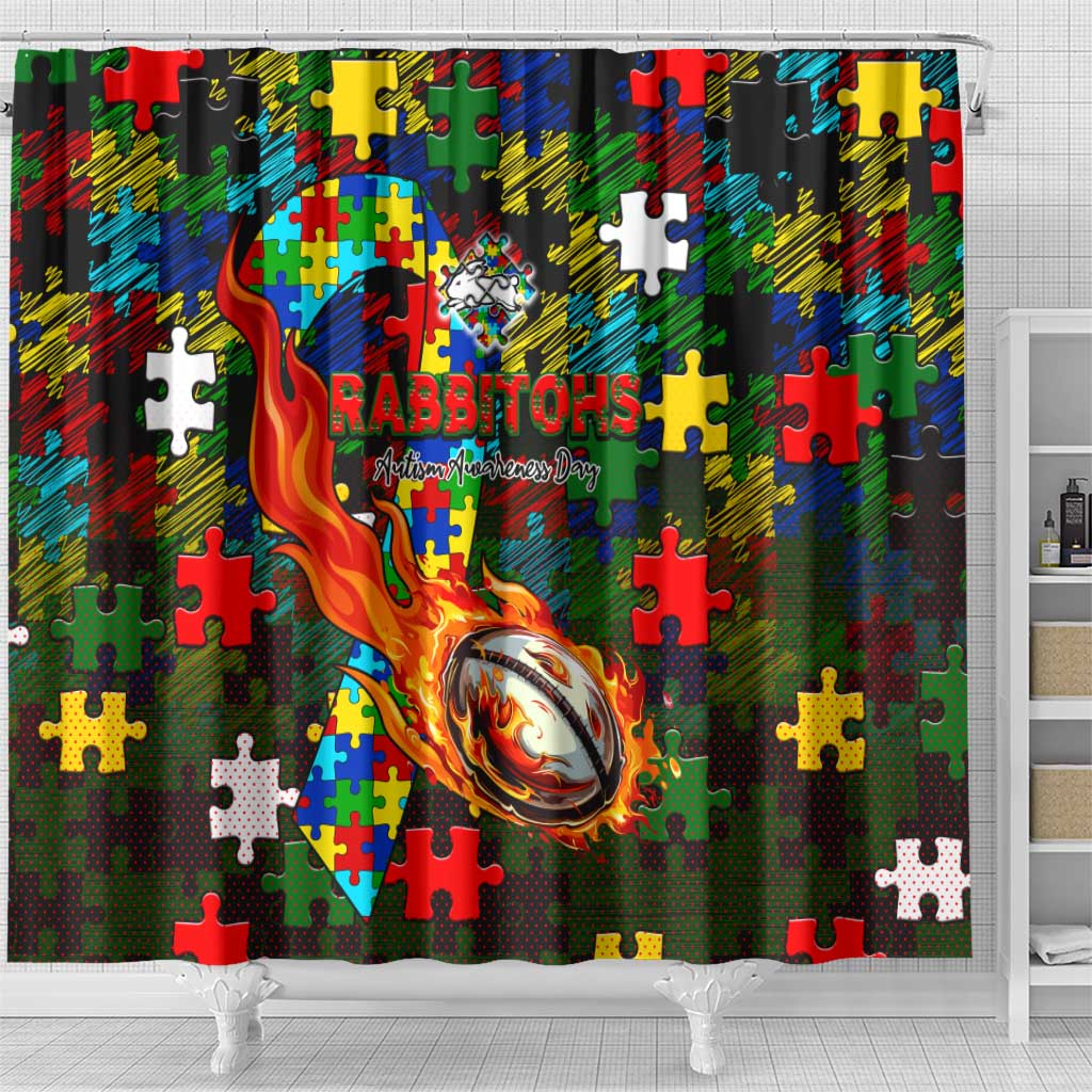 Rabbitohs Autism Awareness Shower Curtain Puzzle Flames Rugby Ball