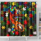 Rabbitohs Autism Awareness Shower Curtain Puzzle Flames Rugby Ball