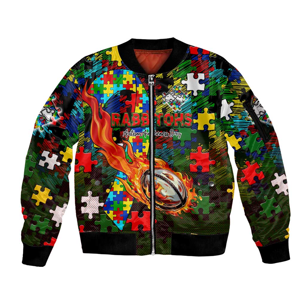 Rabbitohs Autism Awareness Sleeve Zip Bomber Jacket Puzzle Flames Rugby Ball