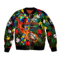 Rabbitohs Autism Awareness Sleeve Zip Bomber Jacket Puzzle Flames Rugby Ball
