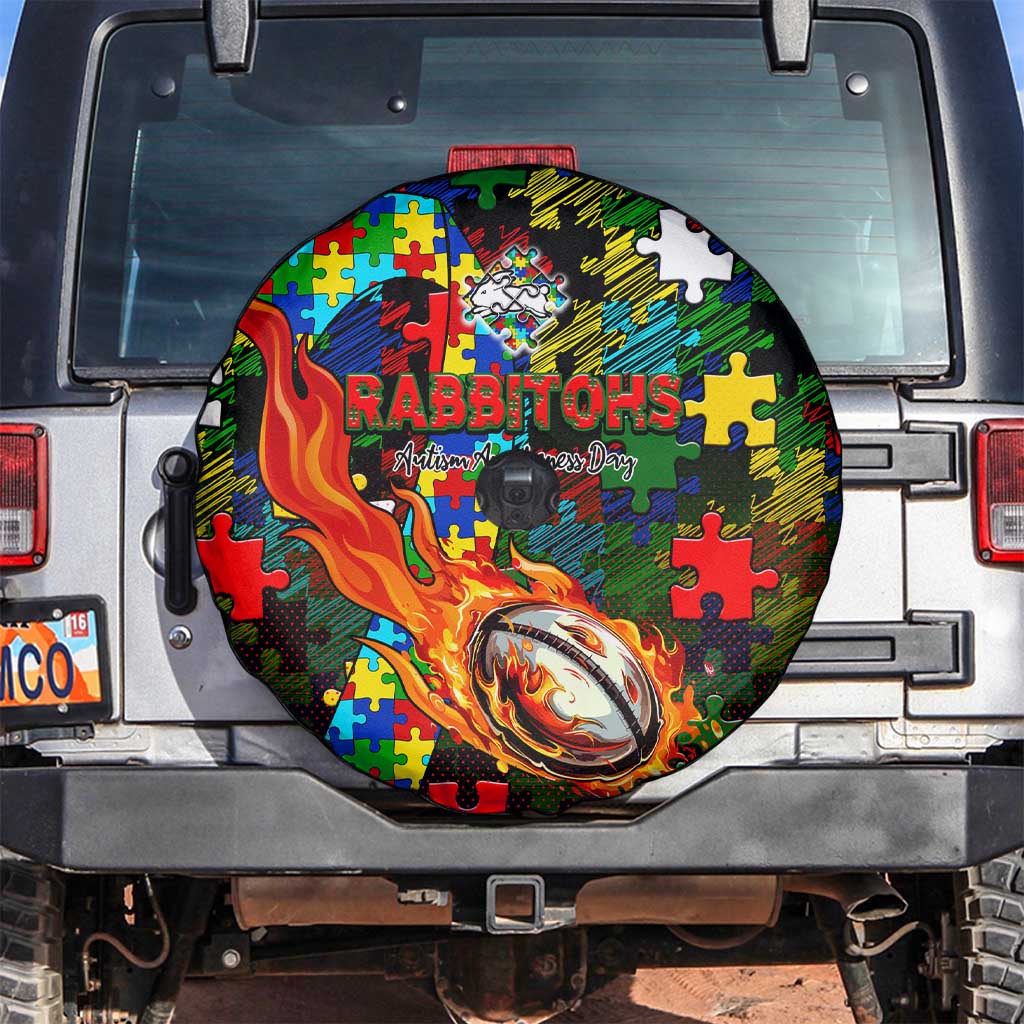Rabbitohs Autism Awareness Spare Tire Cover Puzzle Flames Rugby Ball